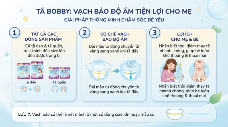 Các dòng tã dán và tã quần Bobby đều trang bị vạch báo độ ẩm tiện lợi. Các dòng tã dán và tã quần Bobby đều trang bị vạch báo độ ẩm tiện lợi.