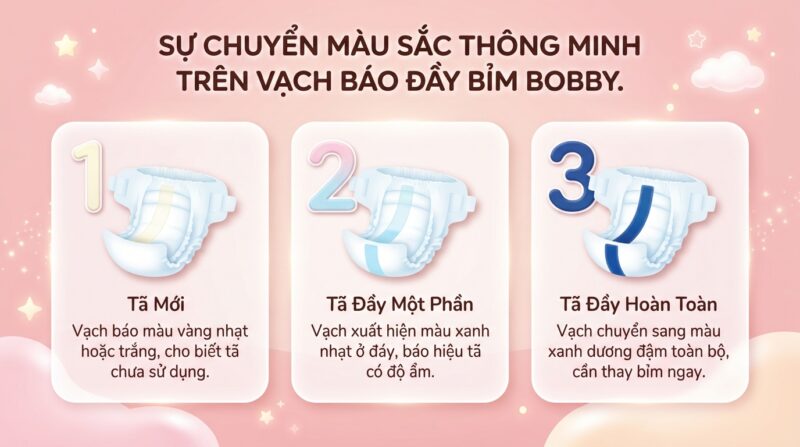Các dòng tã dán và tã quần Bobby đều trang bị vạch báo độ ẩm tiện lợi.