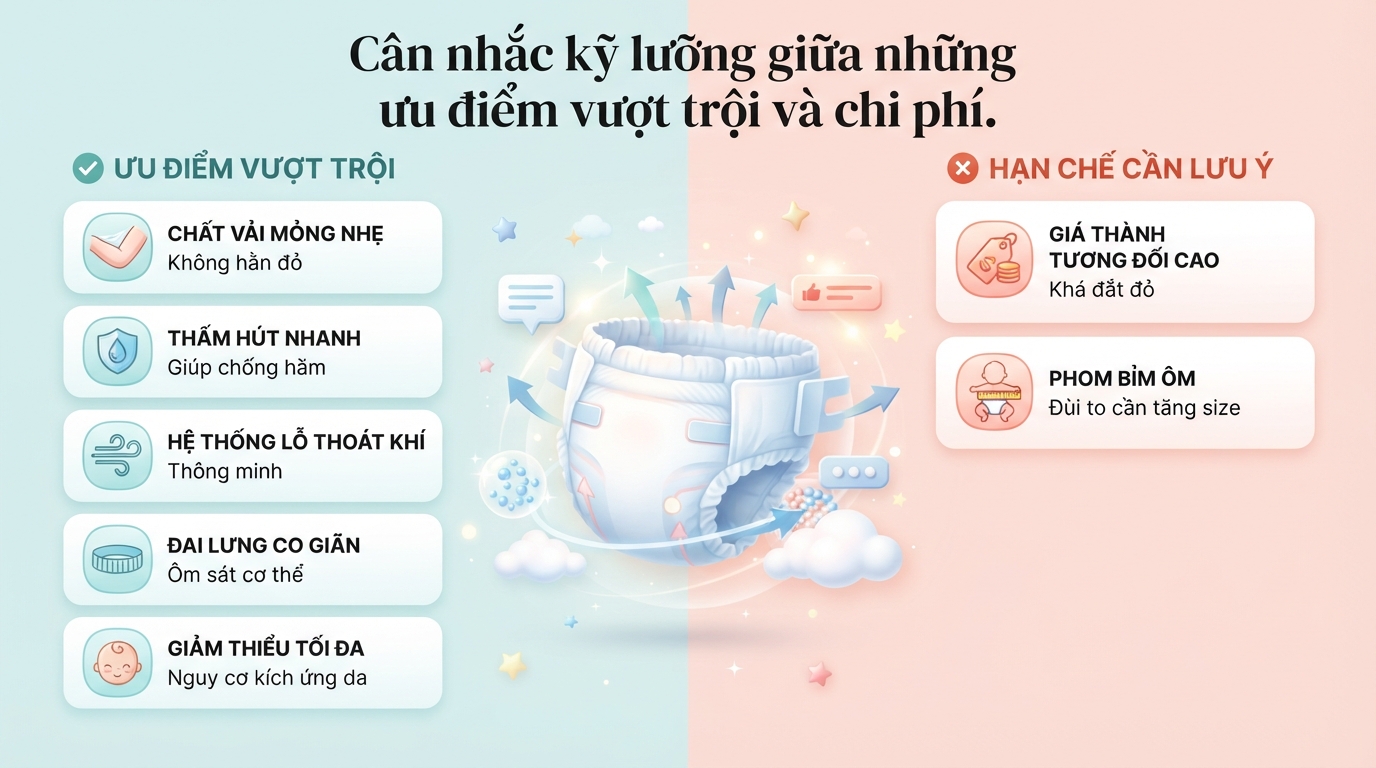 Cơ chế thoát khí mồ hôi và lõi khóa chất lỏng kép giúp tã luôn khô thoáng.