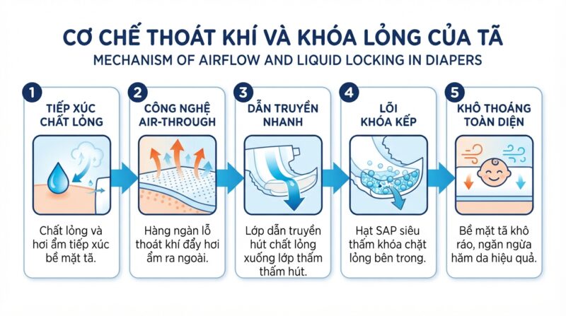 Cơ chế thoát khí mồ hôi và lõi khóa chất lỏng kép giúp tã luôn khô thoáng. Cơ chế thoát khí mồ hôi và lõi khóa chất lỏng kép giúp tã luôn khô thoáng.