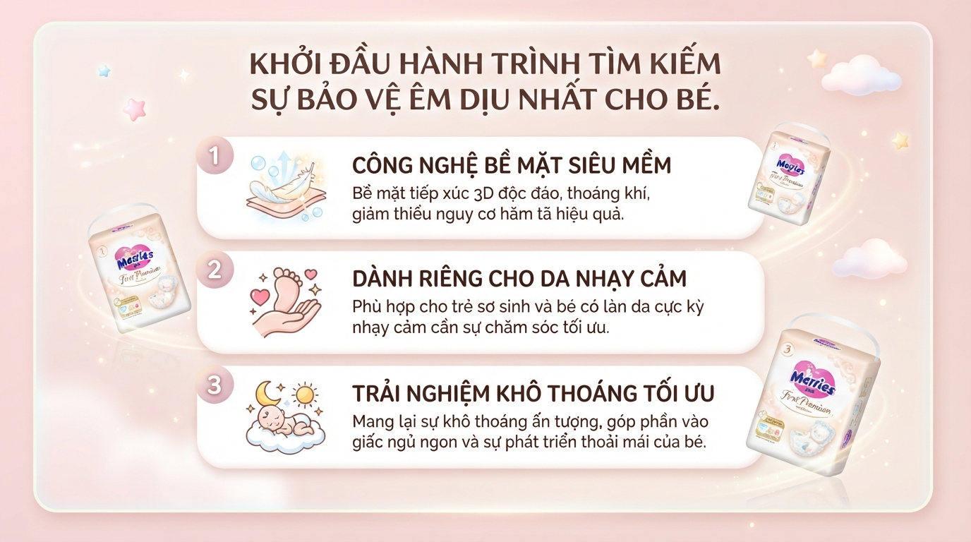 Đánh giá bỉm merries first premium có tốt không qua độ êm ái và bảo vệ da bé.