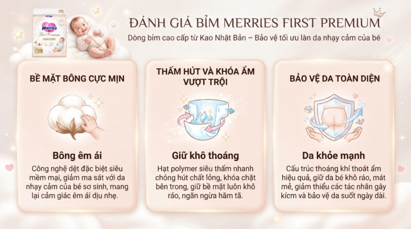 Đánh giá bỉm merries first premium có tốt không qua độ êm ái và bảo vệ da bé. Đánh giá bỉm merries first premium có tốt không qua độ êm ái và bảo vệ da bé.