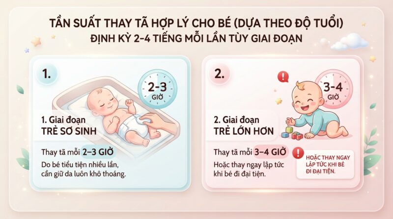 Mẹ nên thay tã định kỳ 2-4 tiếng một lần tùy theo độ tuổi của trẻ. Mẹ nên thay tã định kỳ 2-4 tiếng một lần tùy theo độ tuổi của trẻ.