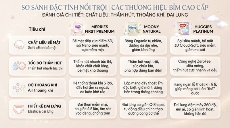 So sánh đặc tính nổi trội giữa các thương hiệu bỉm cao cấp dành cho trẻ em. So sánh đặc tính nổi trội giữa các thương hiệu bỉm cao cấp dành cho trẻ em.