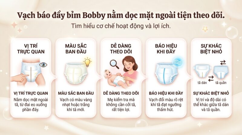 Vạch báo chuyển từ vàng sang xanh dương đậm báo hiệu thời điểm cần thay tã mới.