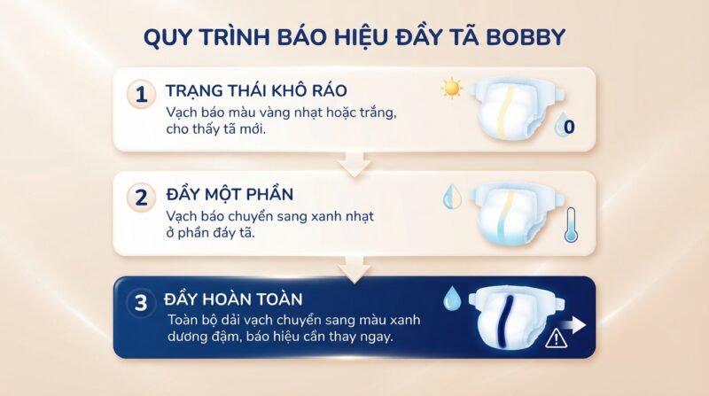 Vạch báo chuyển từ vàng sang xanh dương đậm báo hiệu thời điểm cần thay tã mới. Vạch báo chuyển từ vàng sang xanh dương đậm báo hiệu thời điểm cần thay tã mới.