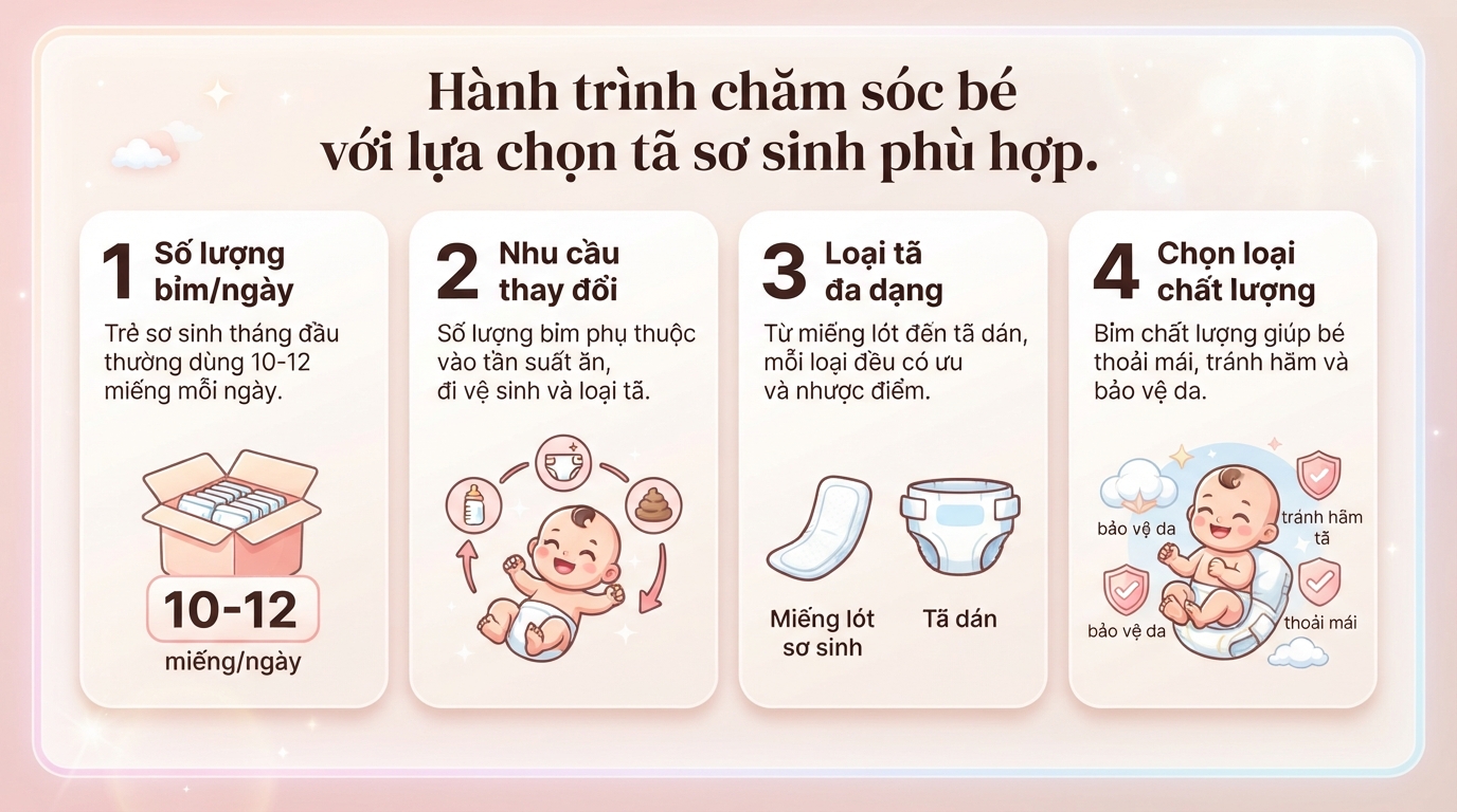 Nhu cầu trẻ sơ sinh tháng đầu dùng hết bao nhiêu bỉm tùy thuộc tần suất bú.