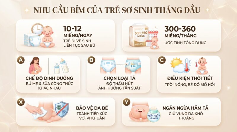 Nhu cầu trẻ sơ sinh tháng đầu dùng hết bao nhiêu bỉm tùy thuộc tần suất bú. Nhu cầu trẻ sơ sinh tháng đầu dùng hết bao nhiêu bỉm tùy thuộc tần suất bú.